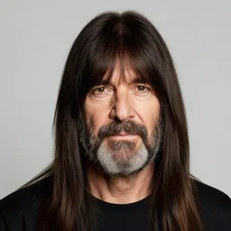 Bob Ross with long straight hair and straight cut bangs over his eyes, portrait 50mm photography,