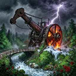 large mechanical device meticulously grinding down the truth and enslaving humanity, overpowering, ominous, torturous, dark, steam, chains, fire, spiked, rain, wet, clouds, lightning, puddles, melting, dripping, snow, creek, lush, ice, bridge, green, forest, roses, thorns, flowers, by stanley artgerm lau, greg rutkowski, thomas kindkade, alphonse mucha