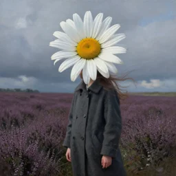 portrait, enormous daisy flower under head, a girl wearing coat in heather field, surreal photography, wind and cold, dramatic sky, impressionist painting, digital painting, artstation, simon stalenhag