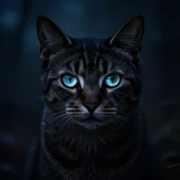 photograph of a mysterious and unsettling cat that knows too many secrets, human eyes, creepy photography, midnight, glowing