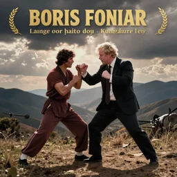 Boris Johnson getting beaten in a fight, 60s Kung Fu film, album cover