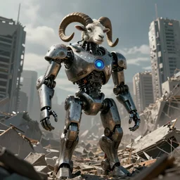 ram sheep robot, sinister, futuristic, ultra realistic, hyper detailed, intricate, cinematic, digital art, trending, destroyed city, depth of field