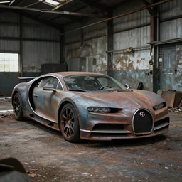 an abandoned rusty bugatti chiron in a dirty warehouse