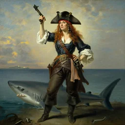 Swashbuckling half shark half human pirate woman by courbet