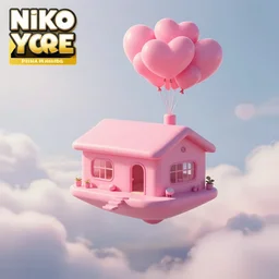 a 5 0 mm lens photograph of a cute pink floating modern house, floating in the air between clouds, inspired by the movie up, held up from above by heart ballons. mist, playful composition canon, nikon, award winning, photo of the year