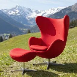 red wingback egg chair with ottoman in the alps