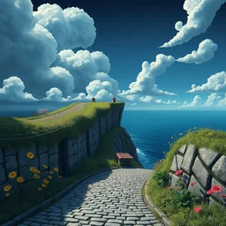 curled perspective digital art of curly clouds cobblestone street with wildflowers to a cliff over a deep blue sea by anton fadeev from nightmare before christmas