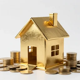 a house, made of gold, under construction, with piles of coins around it
