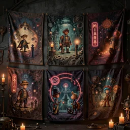 tapestries of dreams, ultra detailed, dark, steampunk, moody, candles, neon signs, infographic, characters from machinarium, by don bluth, trending on artstation, octane render