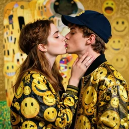 anna kendrick kisses a guy with wearing a basecap wearing an emoji jacket, lots of smilies in the background, portrait, hyper detailed, digital art, trending in artstation, cinematic lighting, studio quality, smooth render, unreal engine 5, octane, art style by klimt and nixeu and ian sprigger and wlop and krenz cushart.