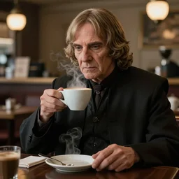Emperor Palpatine chilling in a coffee shop sipping on his hot steaming coffee, hyperdetailed, artstation, cgsociety, 8k