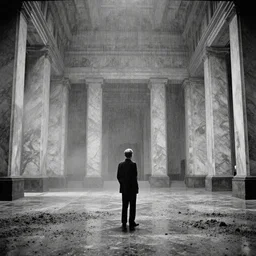 movie still of a gigantic marble hall with high ceiling, cinestill 8 0 0 t black and white, by andrei tarkovsky, heavy grain, high quality, high detail, ultra wide lens, sharpness, flares, anamorphic, foggy, mud, rain