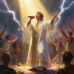 a highly detailed illustration of prince as a preacher singing let's go crazy, sermon, rapture, melee, congregation, lightning bolts, sunbeams, digital painting, splatter paint, art by fiona staples, artstation, smooth, dynamic lighting by delphin enjolras, ultrarealistic, cinematic, octane render, 8 k