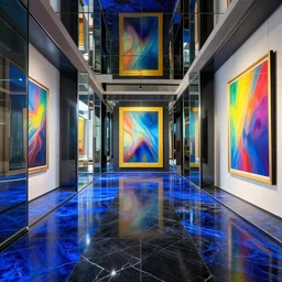 a futuristic modern interior in the style of mc escher, black marble floors with cobalt blue highlights, glass mirrors, hyper realistic art, in the style of national geographic, 4 k, hyper realistic, coherent design, symmetrical, vivid colour, trending on art station, in the style of pi - slices, complementary colour, golden ratio, detailed, sharp lines, intricate, rainbow shift, in unreal 3 d engine, ray tracing, octane render