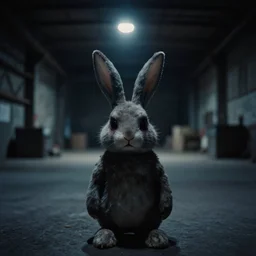 lomo photo of a creepy bunny inside a dark warehouse, cinestill, bokeh, out of focus, night, dramatic lighting