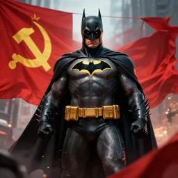 batman becomes the leader of ussr soviet union communist banner cinematic artstation digital art hd high detail 4 k action scene