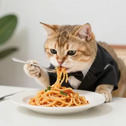 a photo of a cat wearing a suit eating spaghetti on a table, DSLR photography