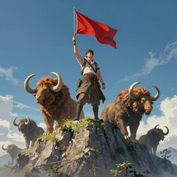 an intricate concept art, illustration, fantasy man raising a flag, top of the mountain, megafauna, low - angle wide shot, ultra photorealistic, ultra sharp, artstation, cgsociety, masterpiece, anime colors, style by ivan talavera and wlop, octane render, 8 k