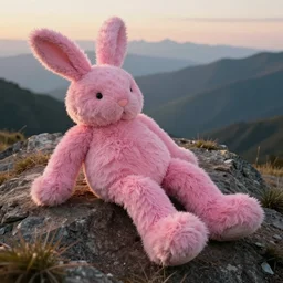 a large plush, hairy pink rabbit with long legs lies on a mountain landscape, bird view, in style by anish kapoor, golden hour, film still from the movie directed by denis villeneuve with art direction by zdzisław beksinski, close up, telephoto lens