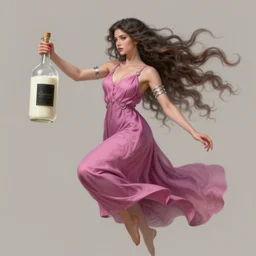 a beautiful years old chatain hair woman in a soft magenta long dress with silver rings and pink nails \ she levitates a transparent bottle with a black sticker and filled with ivory white liquid. fantasy, intricate, elegant, highly detailed, digital painting, artstation, concept art, matte, illustration, artger, greg rutkowski, epic fantasy