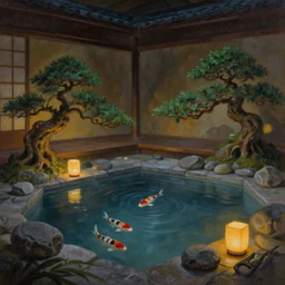painting of interior of cozy fantasy japanese hot spring next to zen garden with floating lanterns by greg rutkowski craig mullins bonsai trees [ koi fish swimming in the air ] clear focus fantasy dark atmospheric cinematic lighting, trending on artstation