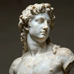 “rough marble sculpture of a young man with long curly hair by rodin and bernini”