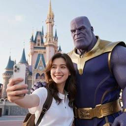 walt disney taking a selfie with thanos, with the wdw castle visible in the background photograph, realistic, 4K UHD, 16mm f/1.4