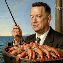 Tom hanks as forrest gump fishing for shrimp in a giant shrimp boat, realistic face, renaissance painting, amazing detail