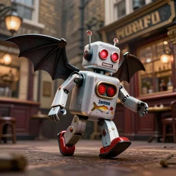 wide - angle profile face portrait of a flying tin toy robot with glowing red eyes and bat wings walking around whitechapel, nicoletta ceccoli, mark ryden, lostfish, max fleischer, depth of field, detailed and intricate london pub environment, 8 k resolution, hyperrealistic, octane render