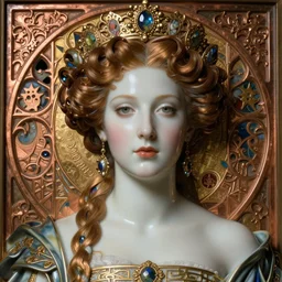 face centered portrait, artwork by james jean, hyperdetailed realistic smooth polished porcelain, beautiful young queen, jean delville, art nouveau, gustav klimt, ornate copper patina gothic icon, james jean, ultrasharp hyperdetailed photorealistic octane render