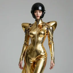 absurdly beautiful, graceful, sophisticated, fashionable cyberpunk female wearing golden hyperdetailed futuristic outfit. black surreal helmet. biomorphic, made of liquid metal, intricate. sigma art 1 0 5 mm f 2. 8. hyper realistic vfx simulation. fashion ad