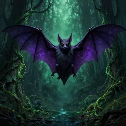 a giant bat deep purple and green vines, swamp, genndy tartakovsky, primal, studio la cachette, scary lighting