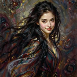 facial portrait of a young pretty woman in flowing dress, arrogant, mysterious, long fine flowing hair, delicate, looking at camera, slightly awkward smile, realistic face, no hands visible, intricate, stylish, elegant, grimdark fantasy, vibrant, extremely detailed painting by Greg Rutkowski and Ernst Haeckel and Harumi Hironaka