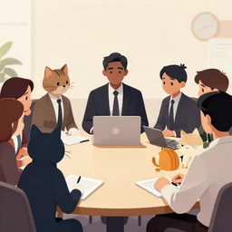 cats at a bussiness meeting, digital art, comic book art