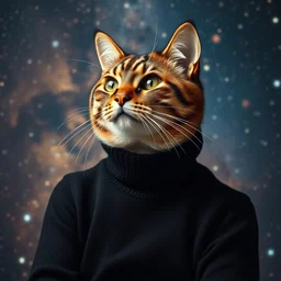 a bust portrait of a scholar cat in a black turtleneck pullover in front of a galaxy wallpaper, photography, cosmos by carl sagan
