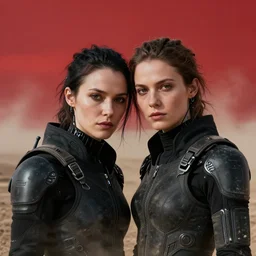 cinestill 5 0 d photographic portrait of two loving female androids wearing rugged black techwear on a desolate plain with a red sky, extreme closeup, cyberpunk style, dust storm, 8 k, hd, high resolution, 3 5 mm, f / 3 2, ultra realistic faces, ex machina, by ashley gilbertson