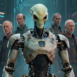 robot, with arms, cinematic upper body, faded colors, exotic alien features, cyber background, tim hildebrandt, wayne barlowe, bruce pennington, donato giancola, larry elmore, masterpiece, trending on artstation, featured on pixiv, zack snyder, cinematic composition, beautiful lighting, sharp, details, hyper - detailed, hd, hdr, 4 k, 8 k