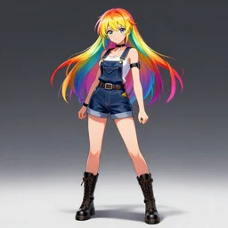 full body pose, hd, manga anime portrait of a fairy girl in combat boots and overalls, rainbow hair, in ishikawa ken frank miller jim lee alex ross style detailed trending award winning on flickr artstation,
