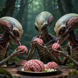 aliens brainsuckers in restaurant eating brains, perfect face, fine details, studio lighting, subtle shadows, art by ross tran, forest, fantasy, artwork, highly detailed faces, photorealism, hyper realism, octane render, hyper detailed, canon eos r 3, f / 1. 4, iso 2 0 0, 1 / 1 6 0 s, medium shot, 8 k, raw, unedited, in - frame,
