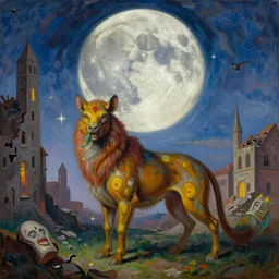 bright dramatic lighting colorful surrealist oil painting titled'now we will all be sisters of the fossil blood of the moon ', magical realism symbolist, ruined city landscape with hybrid animal protagonist, painted by grant wood and rene magritte, shocking detail trending on artstation 8 k