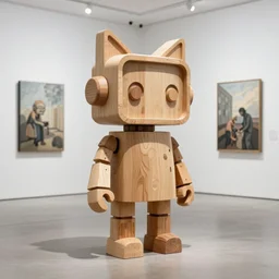 8k octan photo ,a wooden sculpture art toys on feet minimalist ,very cute robot zen gardener with cat ears ,cyberpunk ,brutalist ,a contemporary art gallery