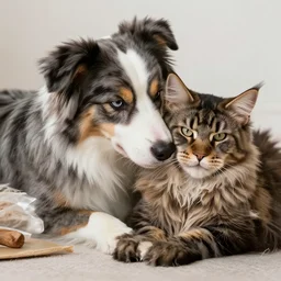 australian shepherd cuddling with a maine coon