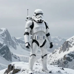 sci - fi snowtrooper on a snowy mountain top, greg rutkowski, 8 k, shallow depth of field, intricate detail, concept art,