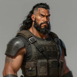 portrait of a man by greg rutkowski, samoan features, short black hair, receding hairline, epic beard, tall and strong, father figure vibes, star wars expanded universe, she is about 7 0 years old, wearing tactical gear, digital painting, artstation, concept art, smooth, sharp foccus ilustration, artstation hq