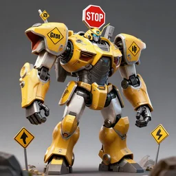 giant mecha gladiator robot wearing yellow road signs and a red stop sign on its head, character design trending on artstation, mecha, unreal engine, octane render, detailed model, hardsurface modelling, epic battle