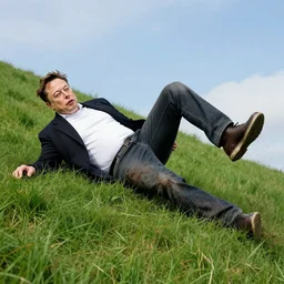 elon musk rolling down a hill and getting his pants stained from the grass and dirt, 4k