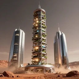 vertical farm tower and glowing sci - fi building on mars, epic, monumental, a sense of hope and optimism, hyper realistic, high res, 4 k, dusty light, edouard groult, bynde, kirill leonov, isaac zuren, edward barons
