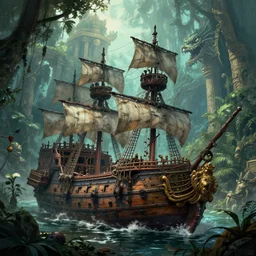 the old wreckage of a legendary pirate ship, a magical treasure guarded by a mythical creature in an ancient sacred temple, dense tropical jungle, digital painting, trending on artstation, concept art, matte painting, highly detailed, final fantasy, jrpg, art by greg rutkowksi, craig mullins, octane render, 8 k, unreal engine