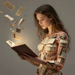 epic professional digital art of a girl reading a book, books coming up from inside her body, inside her arms, by leesha hannigan, iris van herpen, artstation, cgsociety, wlop, epic, much wow, much detail, gorgeous, detailed, masterpiece