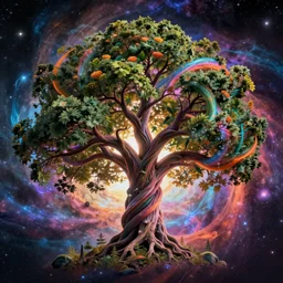 the tree of life and the tree of knowledge twisting into each other as it grows through the universe, cosmic scale, vibrant color, beautiful, awe inspiring